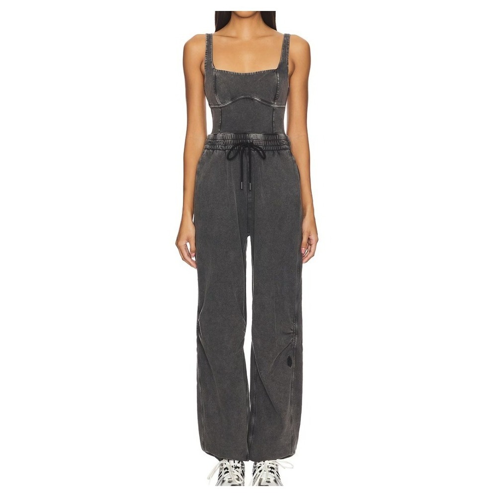Free People Movement Inbound Jumpsuit Black Acid Wash Wide Leg Sleeveless Sz-Lrg